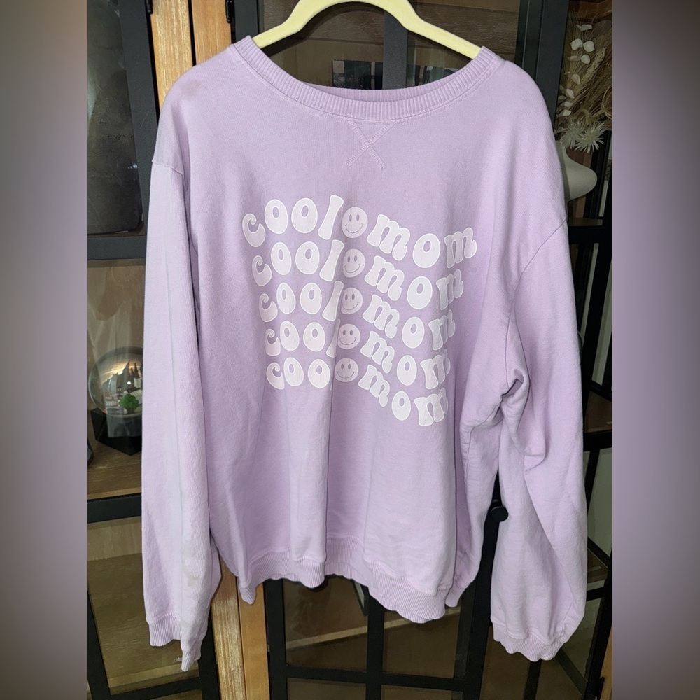 Cool Mom pullover sweatshirt lavender crewneck wavy smiley face karrie locher